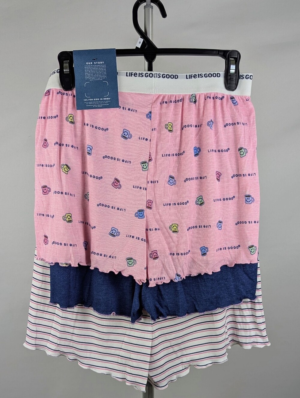 Life Is Good Short Set 3-Pk Sleep Lounge Coffee Mug Stripe Pink Navy White S NWT - Picture 2 of 13